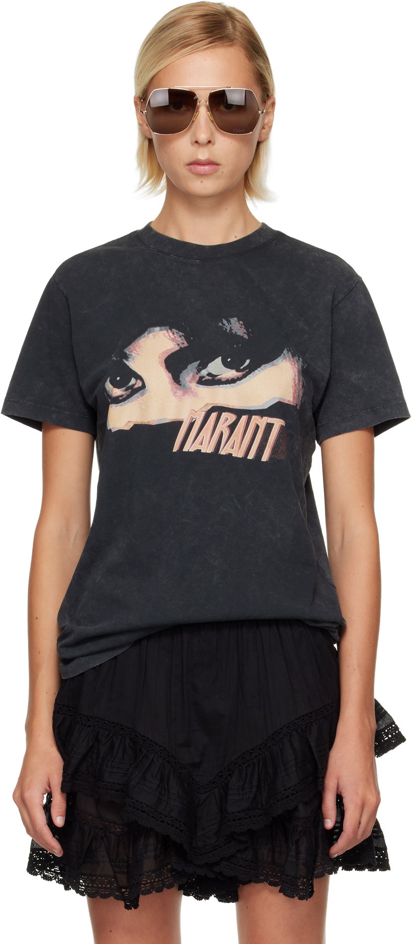 Majica Isabel Marant Étoile Etoile Zoeline Short Sleeve Washed Graphic Print T-Shirt Črna | TS0147FA-C3N07E