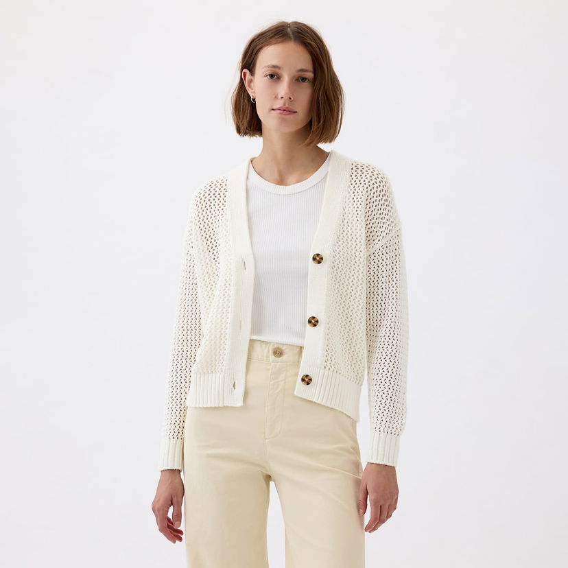 Pleteni pulover GAP Longsleeve Crochet Cardigan New Off White Bež | 854777-00