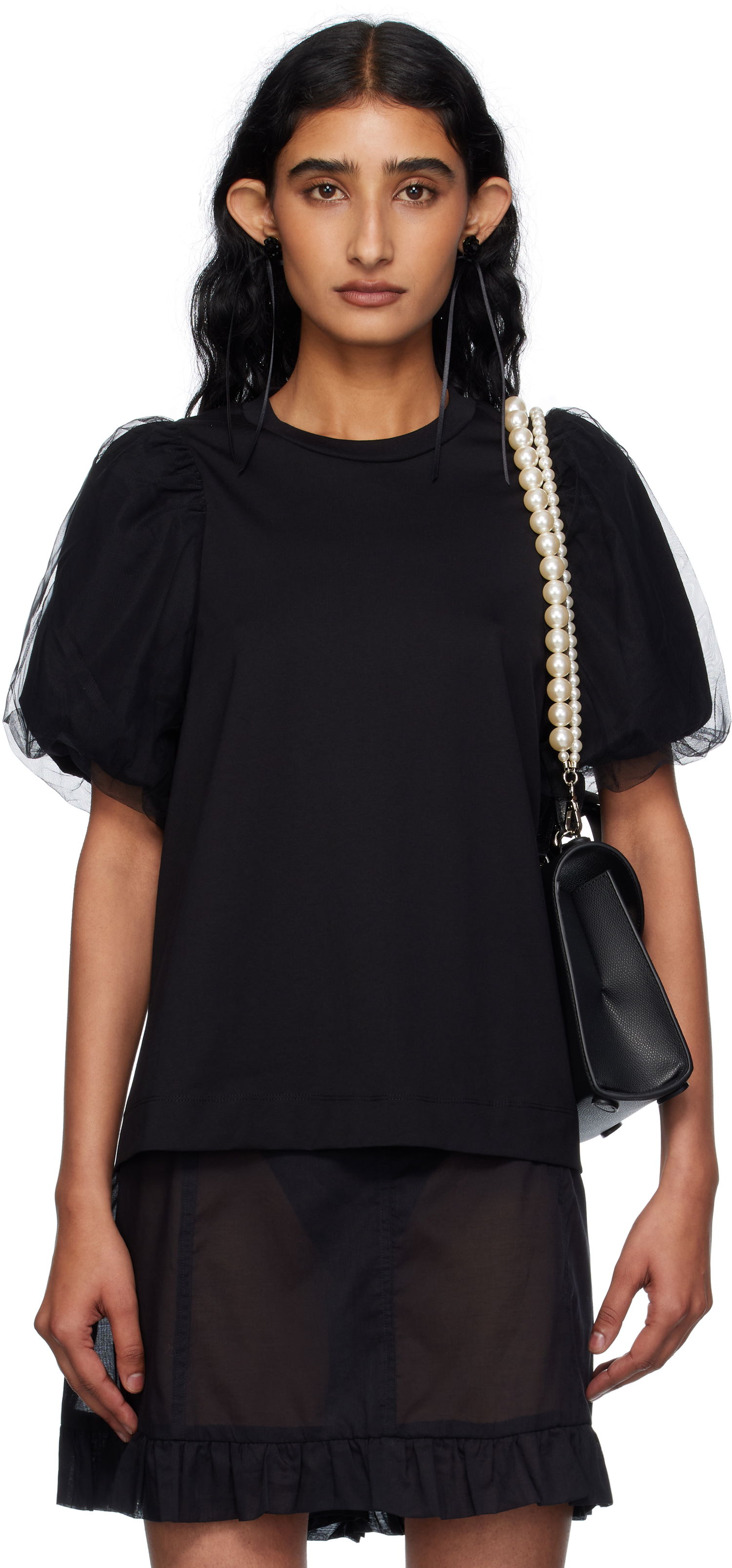 Majica Simone Rocha Simone Rocha Tulle Overlay Puff Sleeve T-Shirt Črna | 5397 0553, 0