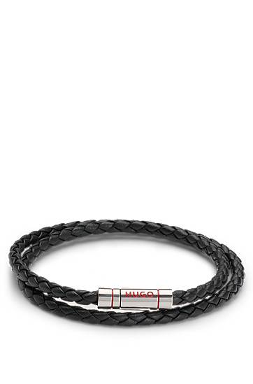 Zapestnica BOSS HUGO Double Braided Leather Cuff Bracelet Črna | 50532309