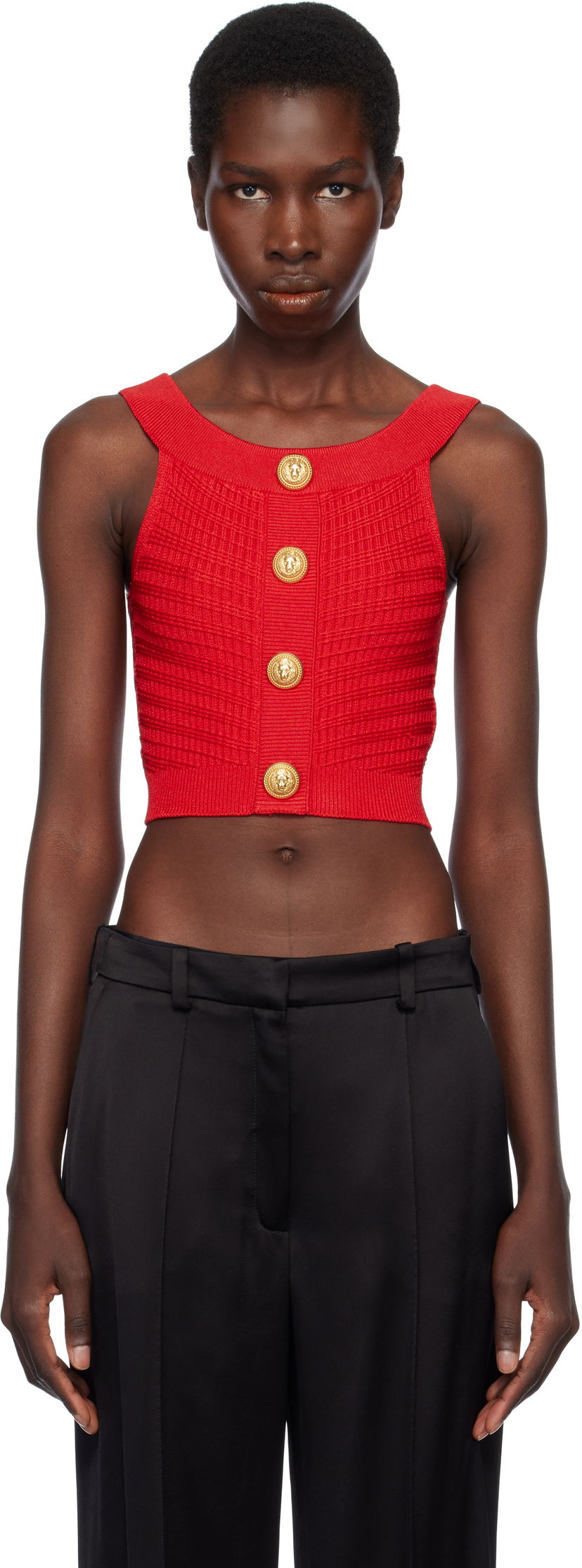 Majica brez rokavov Balmain Balmain Buttoned Boatneck Knit Cropped Tank Top Rdeča | EF0AB426KI42