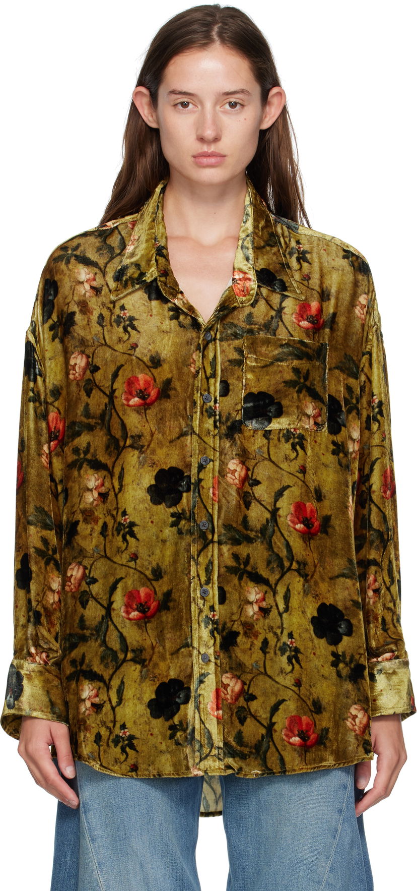 Srajce R13 R13 Floral-Print Velvet Drop-Neck Shirt Zelena | R13WR004-R595A
