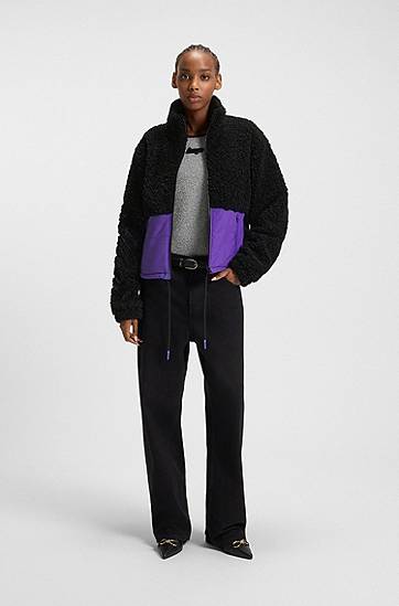 Jakna BOSS Teddy jacket with colour-blocking and embroidered logo Lila | 50546382, 1