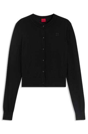 Pleteni pulover BOSS Crew-neck merino wool cardigan with stacked logo Črna | 50550984