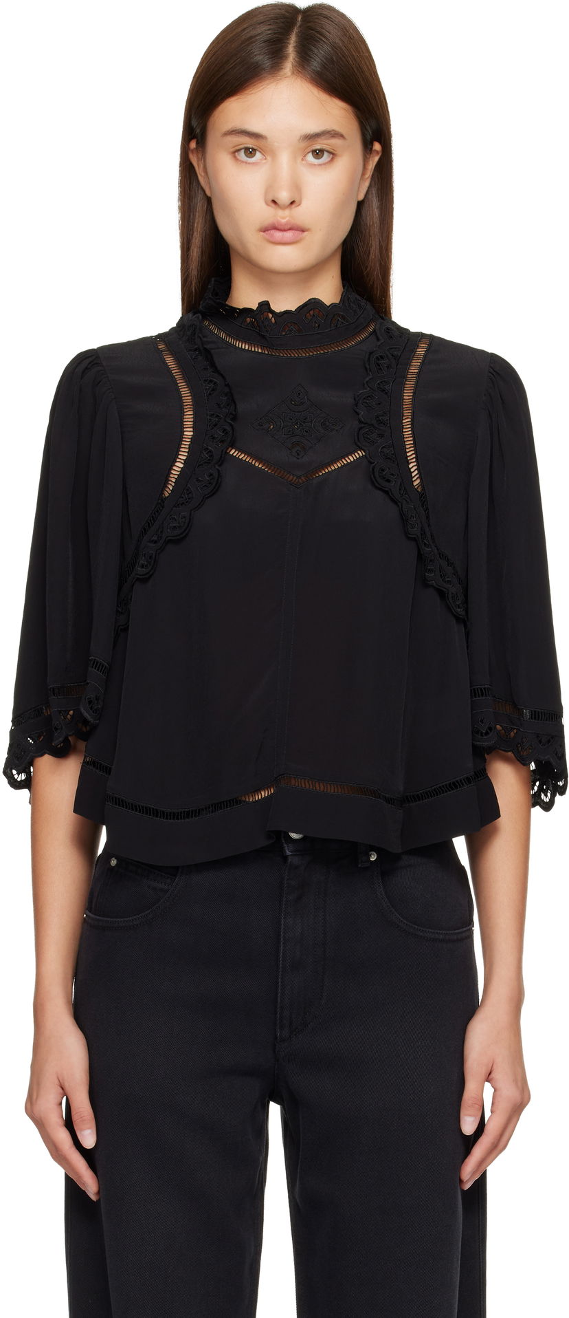 Srajce ISABEL MARANT Frany high-neck lace cut-out blouse Črna | HT0662FA-C3J11I