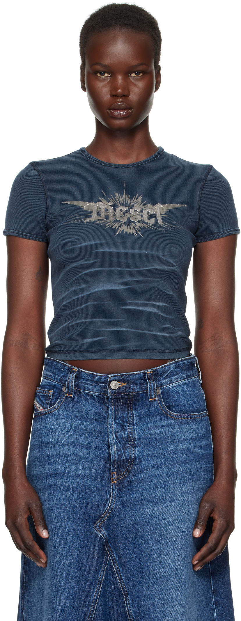Krop-top Diesel Ribbed Graphic Crop T-Shirt Modra | A14231 0WFBM
