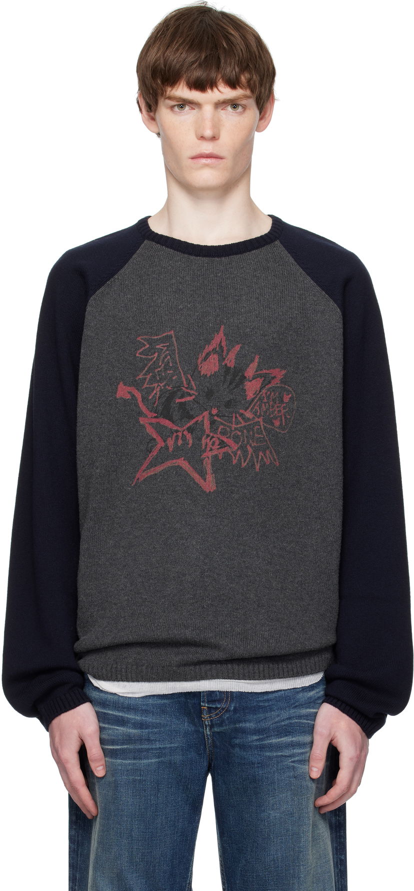 Pleteni pulover We11done We11done Printed Raglan Knit Pullover Sweater Siva | WD-KO2-25-659-U-CH