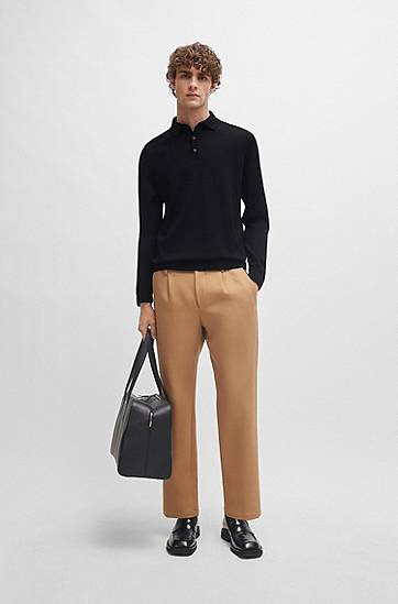 Polo majica BOSS Long-Sleeved Virgin Wool Polo Sweater Črna | 50476355, 1