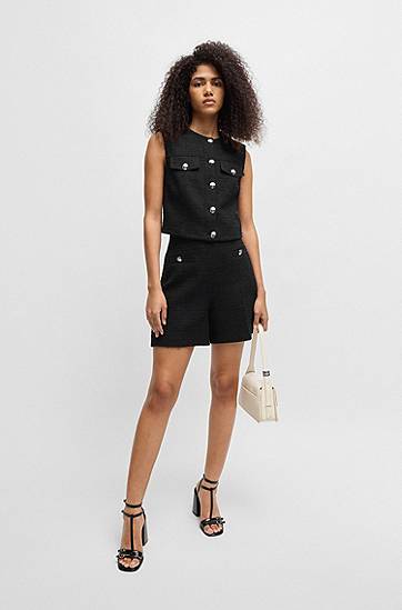 Krila BOSS Bouclé Shorts with Buttons Črna | 50537635, 1