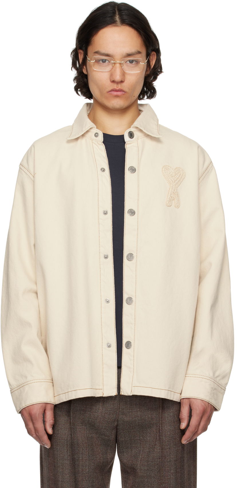 Srajce AMI AMI Paris Cotton Ami de Coeur Denim Overshirt Bež | HJK275.DE0039