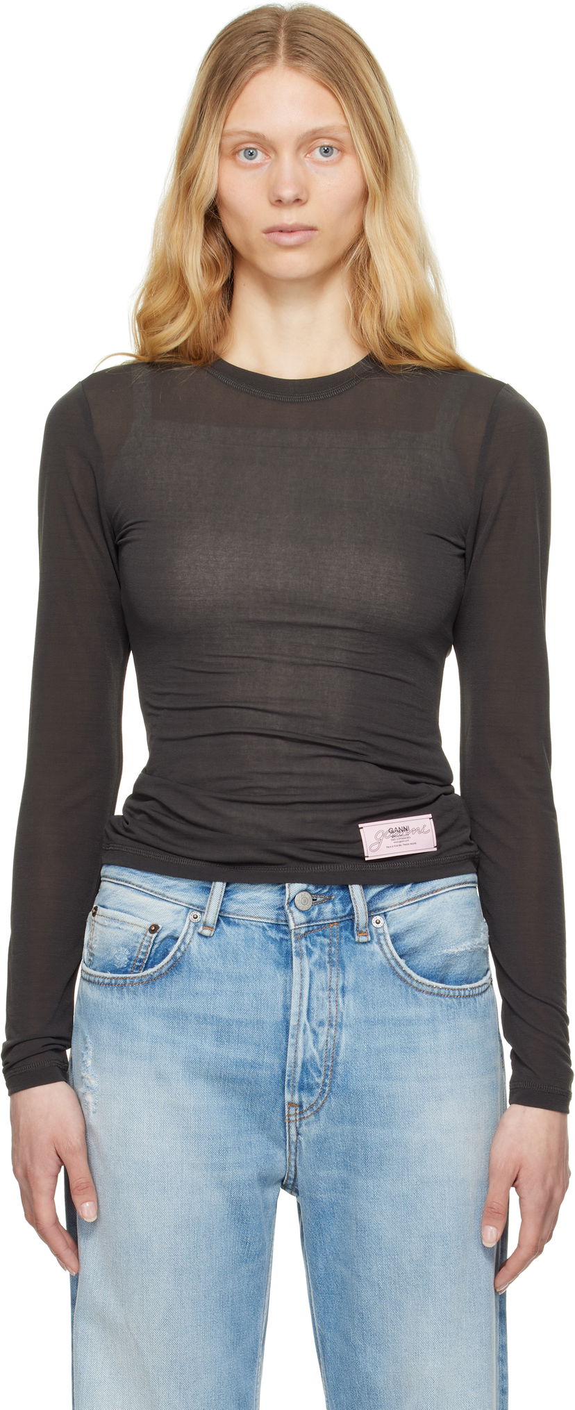 Majica GANNI GANNI Sheer Mesh Jersey Long Sleeve T-shirt Siva | T4242