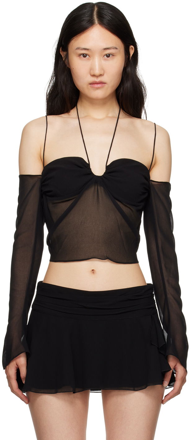 Krop-top GUIZIO Guizio Gathered Sheer Off-Shoulder Blouse Črna | H23113W034