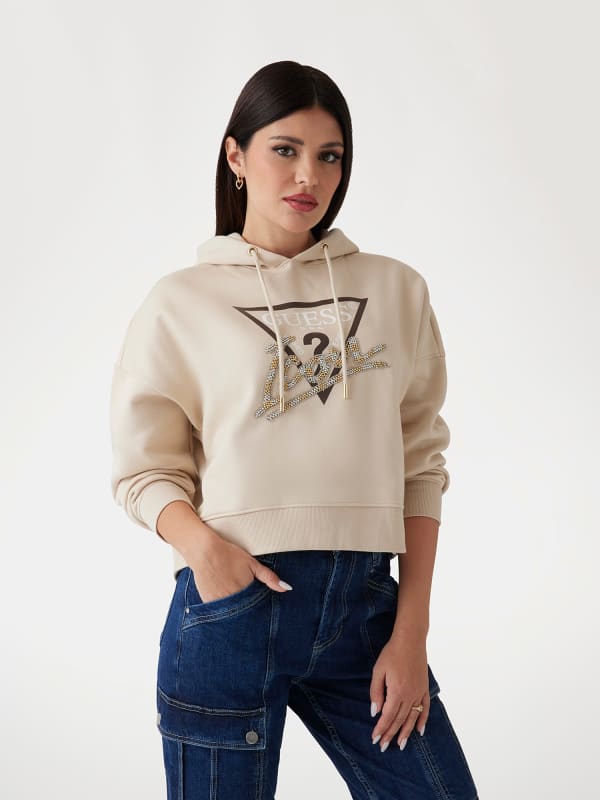 Pulover GUESS Women's Beige Cropped Hoodie with Rhinestone Logo Bež | W4BQ06KB683