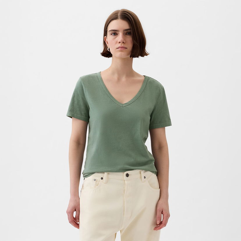 Majica GAP V-Neck Tee Laurel Wreath Green Zelena | 740140-65