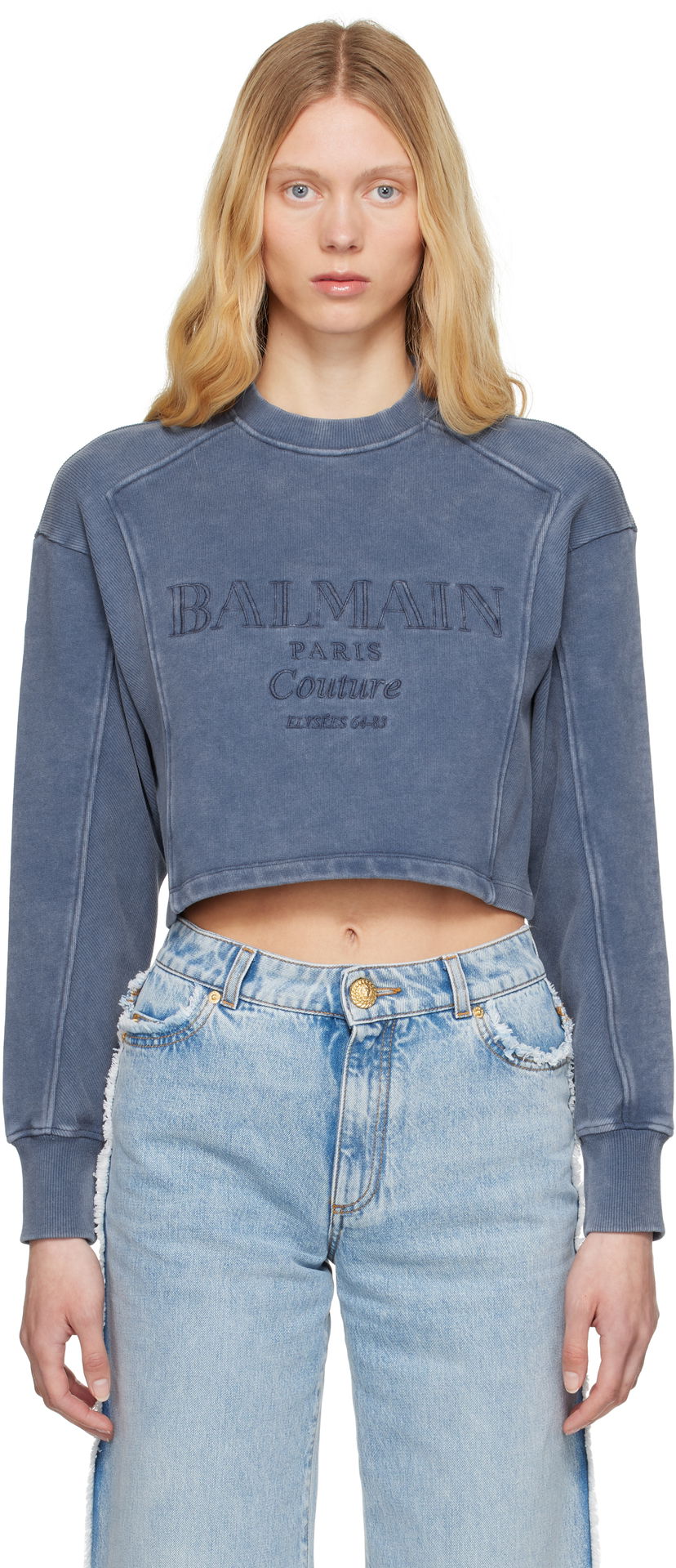 Pleteni pulover Balmain Balmain 'Couture' Cropped Embroidered Sweatshirt Modra | EF1JO076BC96