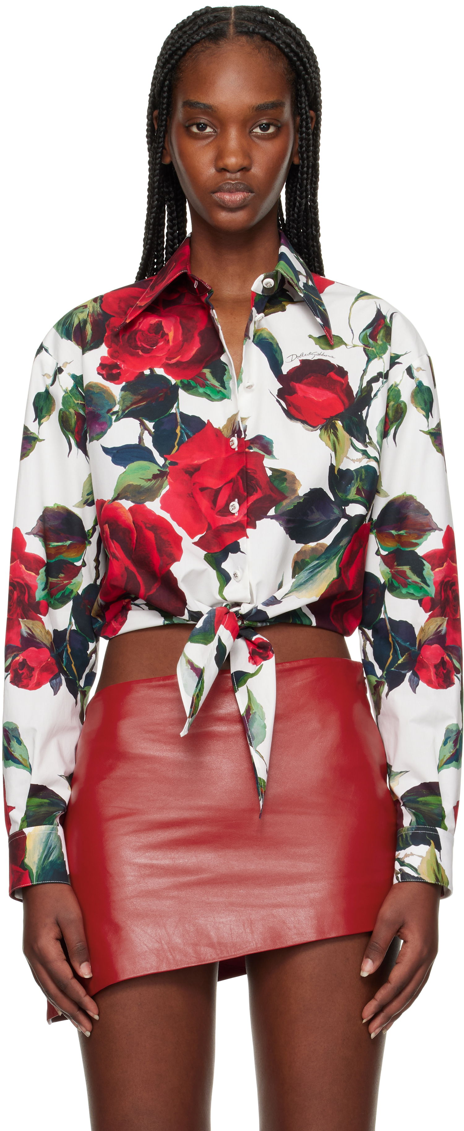 Srajce Dolce & Gabbana Dolce&Gabbana Rose Print Tie Front Shirt Bela | F5S65T HS5S2, 0