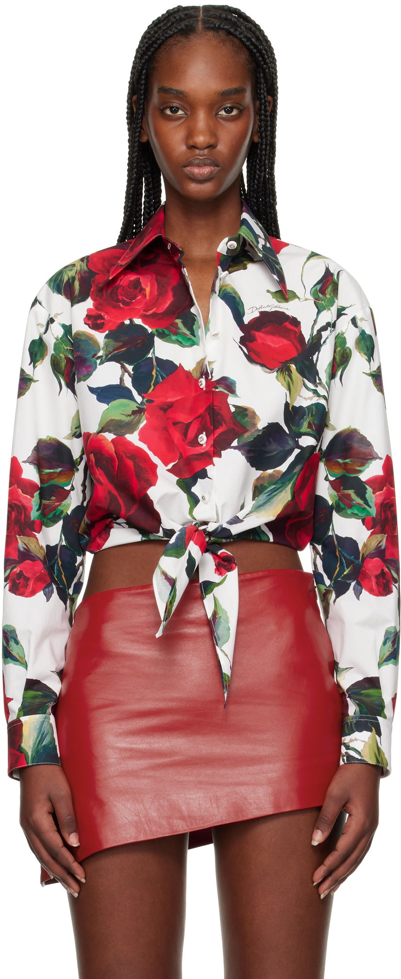 Srajce Dolce & Gabbana Dolce&Gabbana Rose Print Tie Front Shirt Bela | F5S65T HS5S2