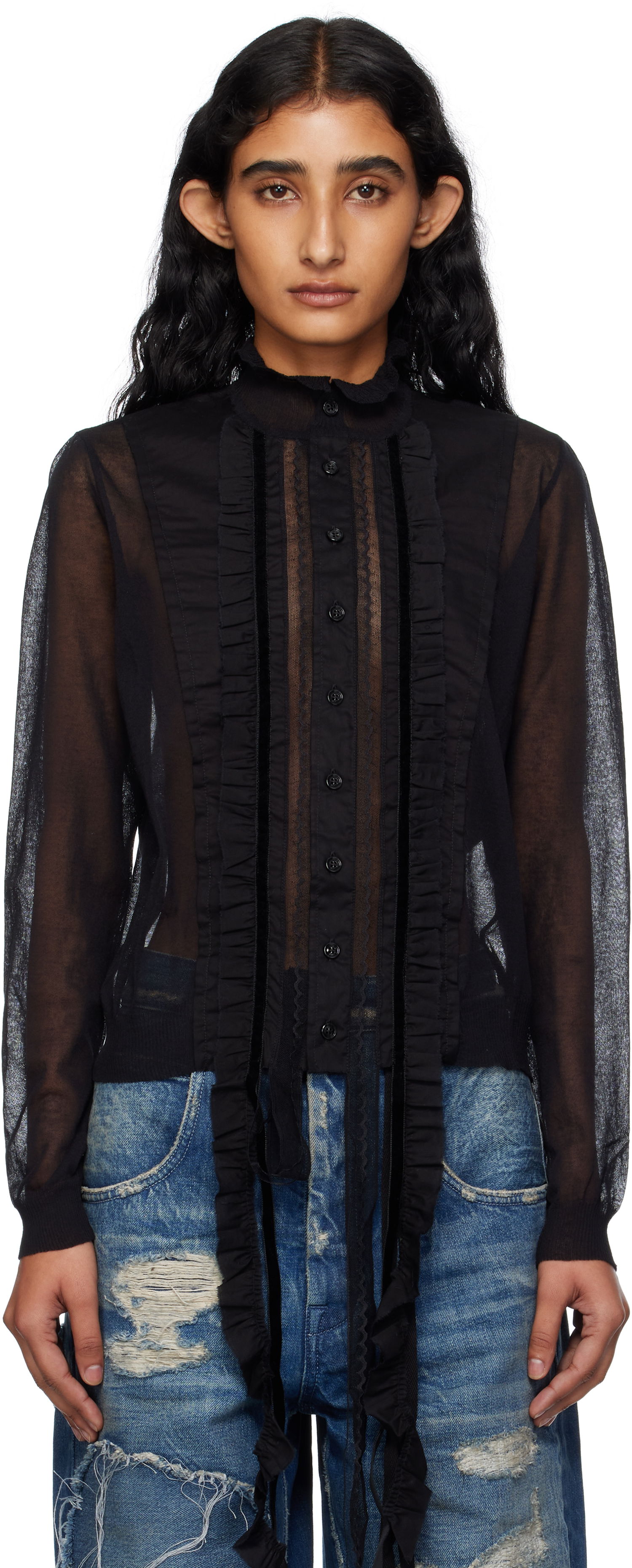 Srajce Ann Demeulemeester Ann Demeulemeester Monya Sheer Ruffle Blouse Črna | B0012852-KN008-099, 0