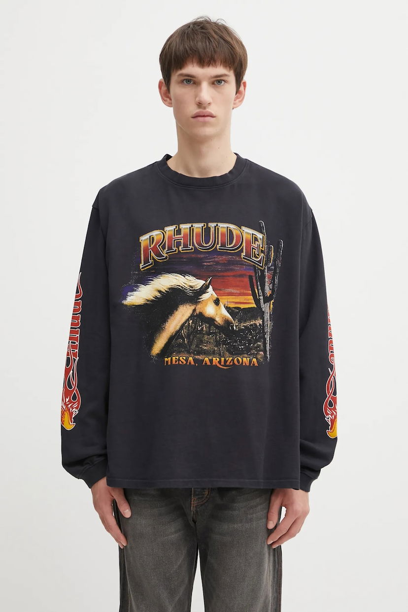 Majica Rhude Mesa Stallion Long-Sleeved T-Shirt with Graphic Print Črna | RHFW25TT08012