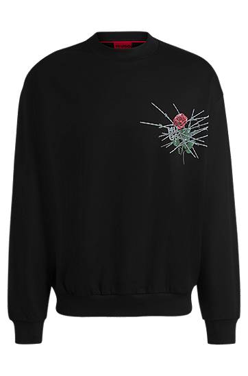 Pleteni pulover BOSS Relaxed-Fit Sweatshirt with Rose Graphic Črna | 50532094