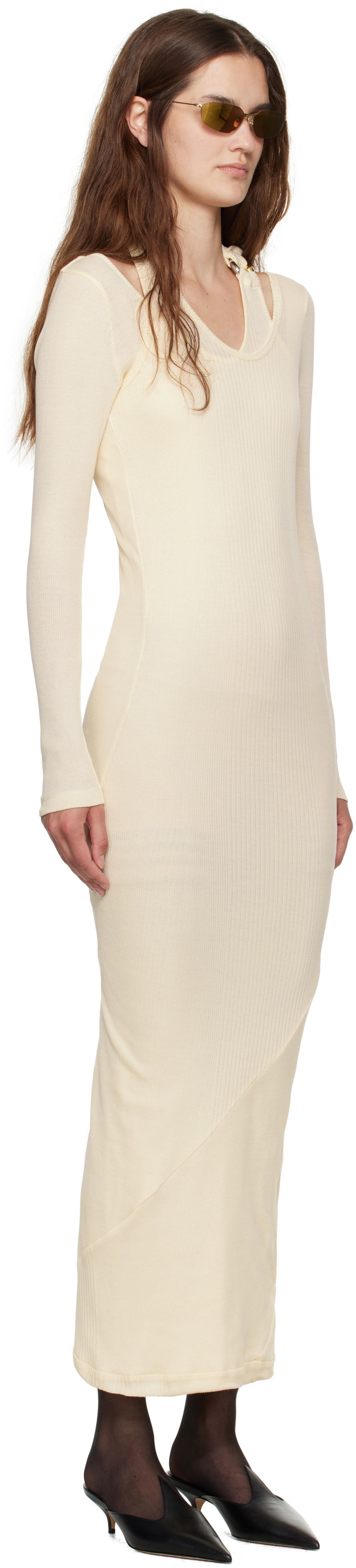 Obleke Jean Paul Gaultier Jean Paul Gaultier Ribbed Twisted Double Layer Midi Dress Bež | 25/03-W-DR014-J000-03, 1