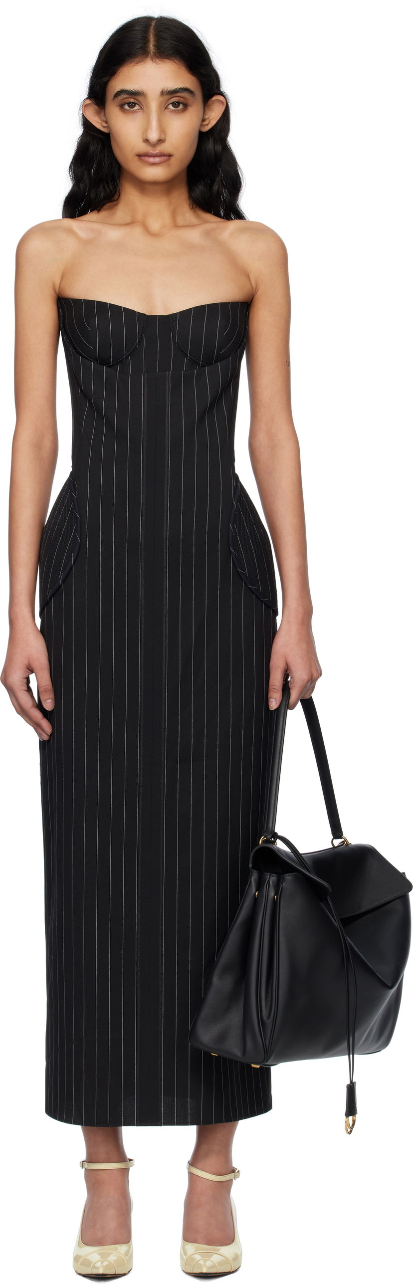 Obleke Jean Paul Gaultier Jean Paul Gaultier 'The Long Bustier' Pinstripe Midi Dress Črna | 25/33-F-RO333-C074-0001