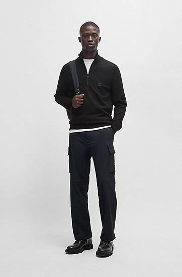 Pleteni pulover BOSS Zip-Neck Cotton-Cashmere Sweater Črna | 50527585, 1