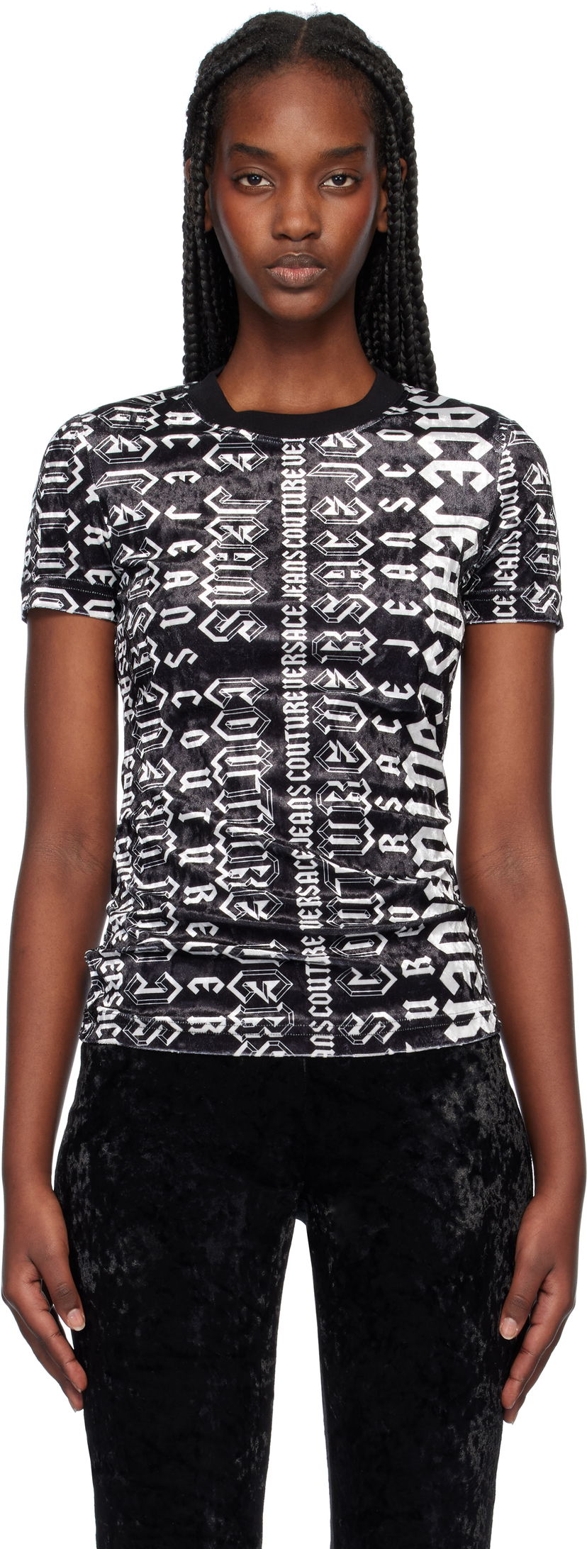 Majica Versace Couture Logo Velvet T-Shirt Črna | E77HAH608_EJS403