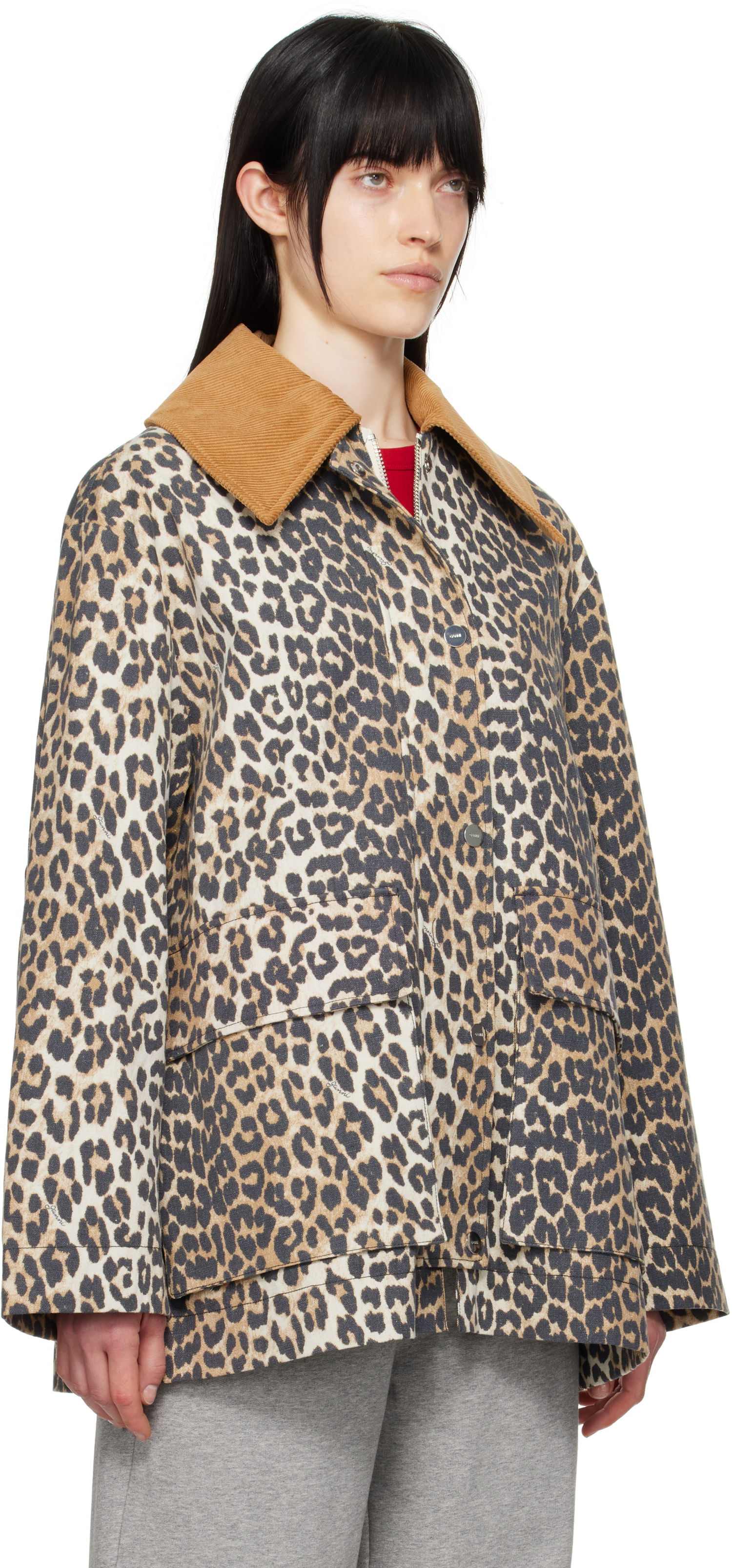 Plašči GANNI Ganni Leopard Print Canvas Midi Jacket Bež | W0391, 1