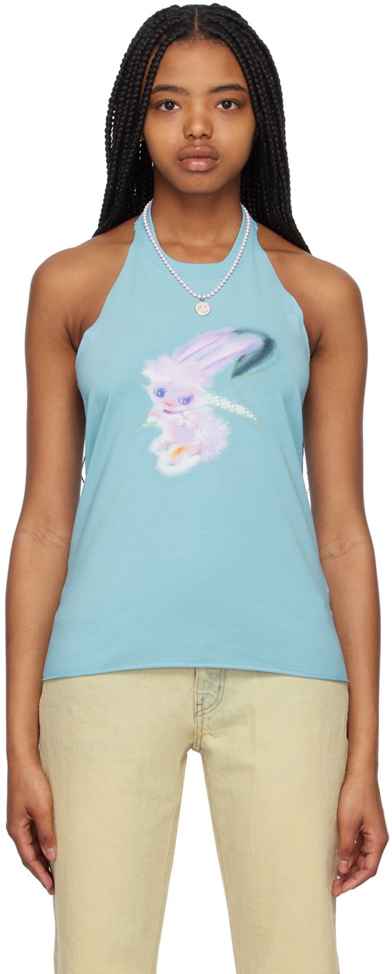 Majica brez rokavov We11done Halter Graphic Tank Top Turkizna | WD-TT1-23-738-W-SK