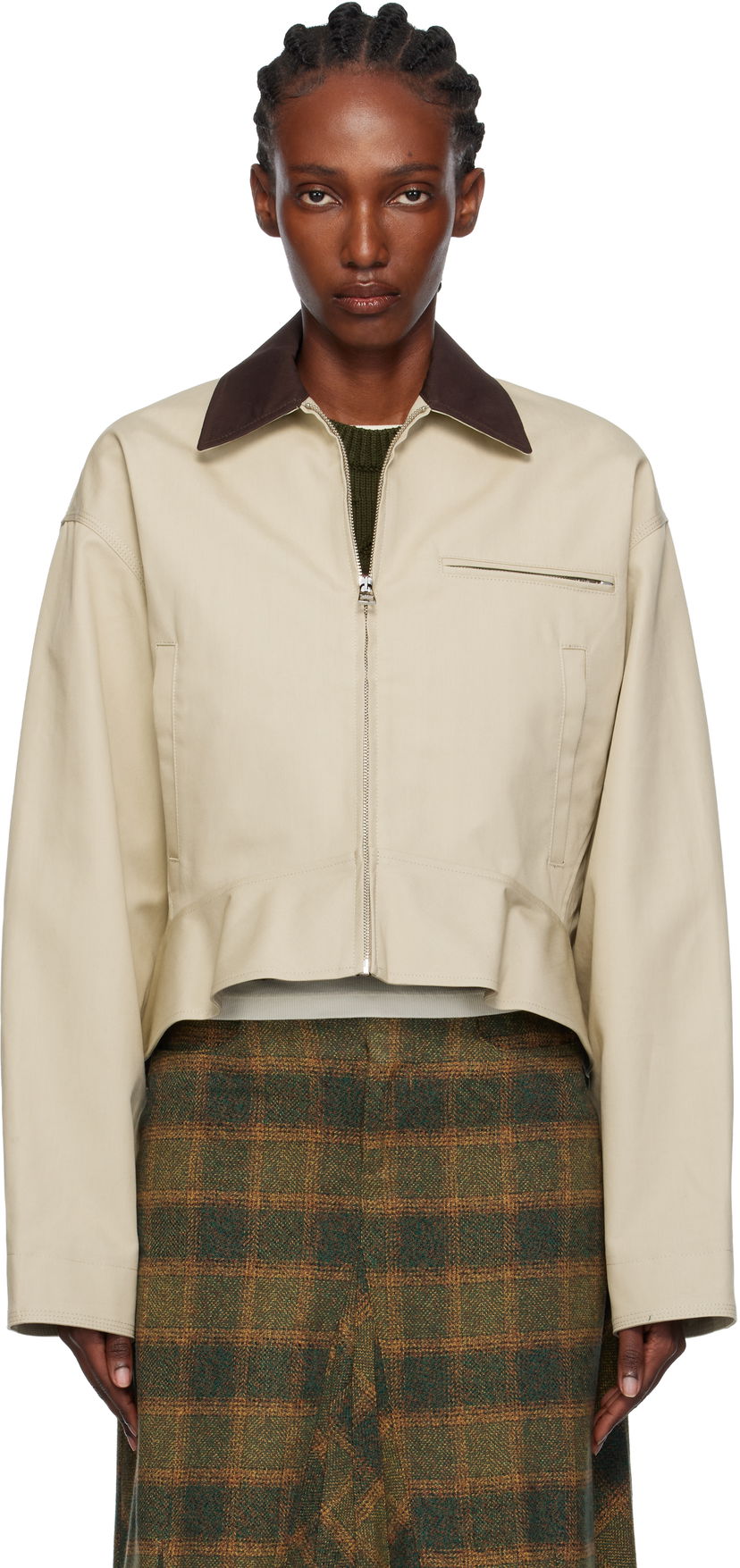 Jakna JW Anderson JW Anderson Cropped Contrast Collar Curved Hem Workwear Jacket Bež | JK0399-PG1802