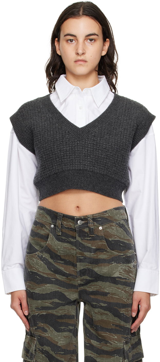 Pleteni pulover Alexander Wang Alexanderwang.t Layered Cropped Vest with V-Neck and Button-Down Shirt Siva | 4KC4231003