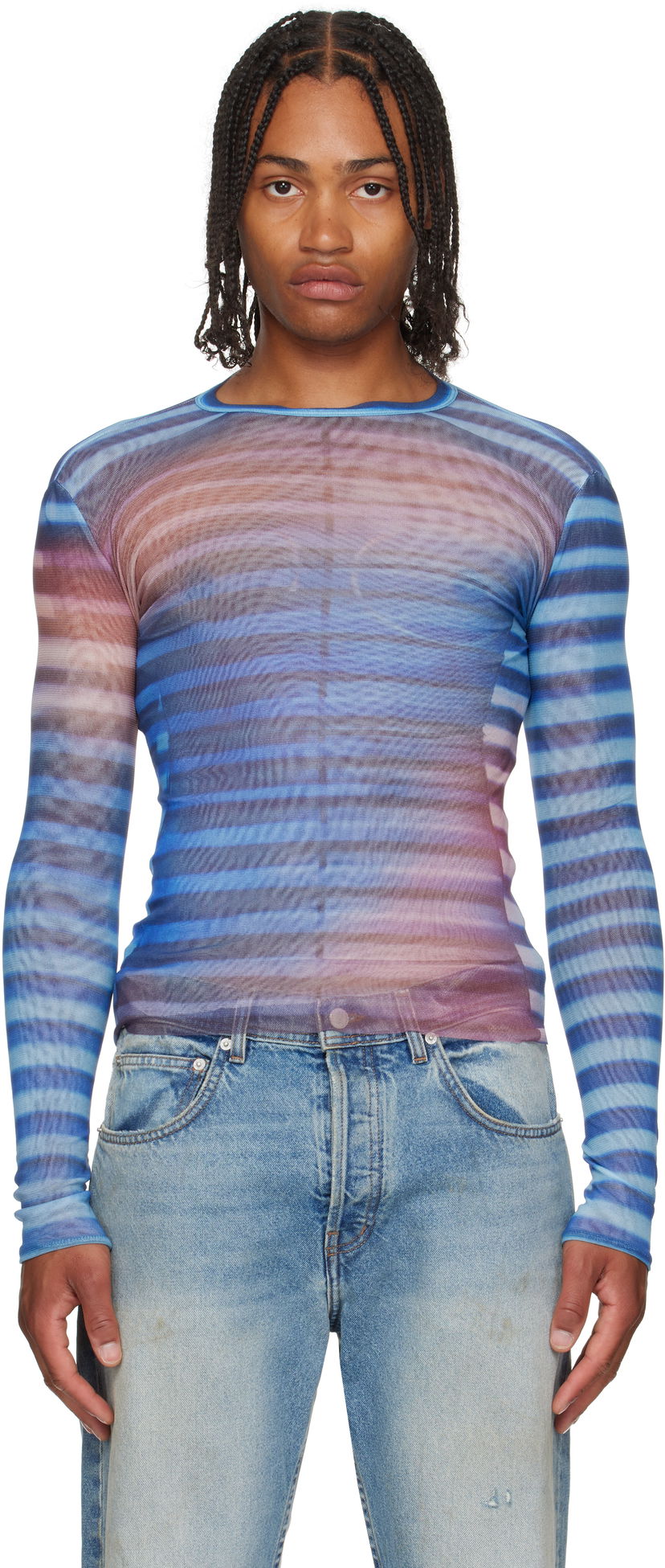 Majica Jean Paul Gaultier Jean Paul Gaultier 'The Air' Striped Mesh Long Sleeve Modra | 25/03-W-TO336-M005P-565034