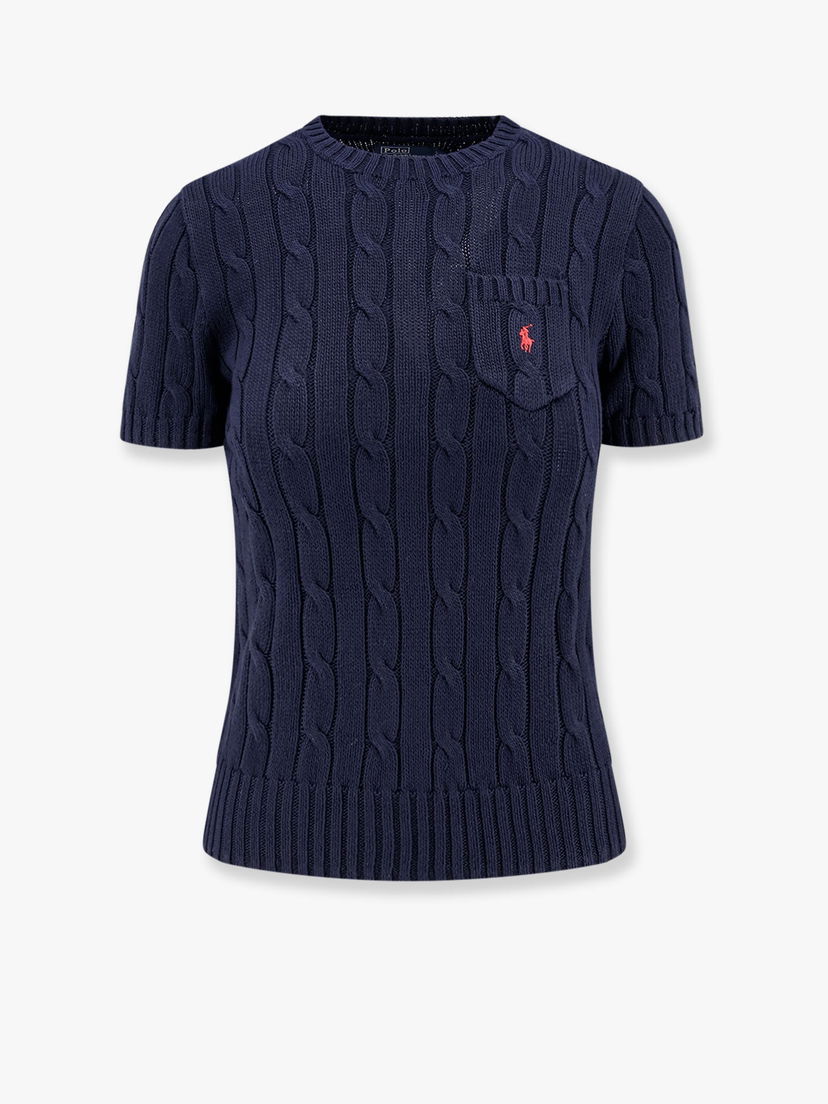 Pleteni pulover Polo by Ralph Lauren Women's Cable Knit Short Sleeve Sweater with Pocket by Polo Ralph Lauren Mornarica | 211895379010