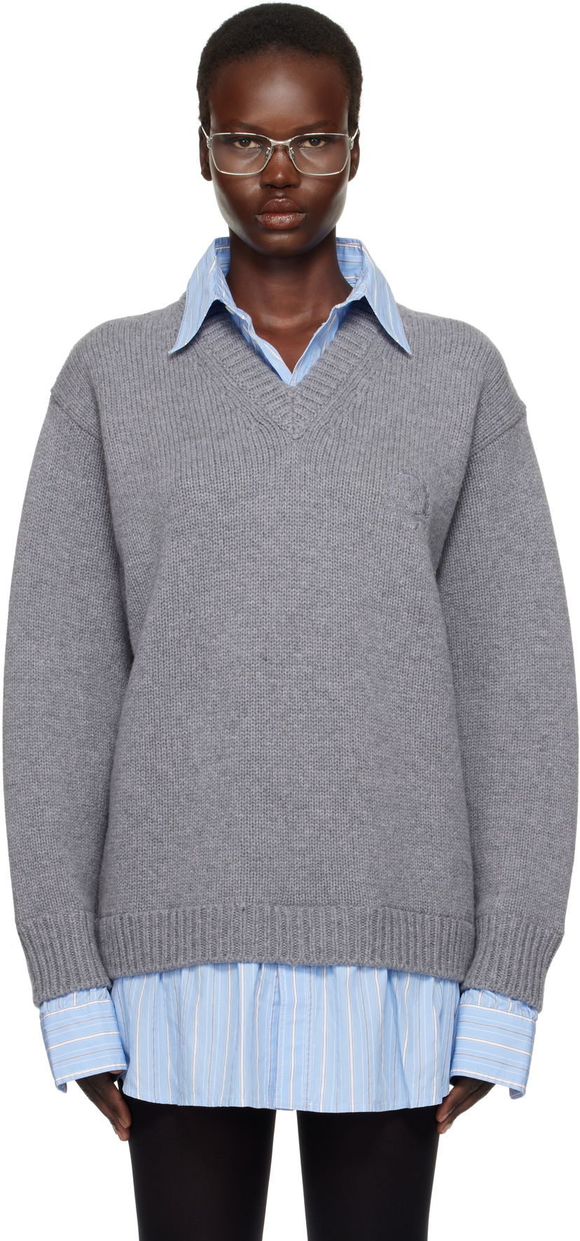 Pleteni pulover Balenciaga Layered Shirt V-Neck Sweater Siva | 809510 T1712