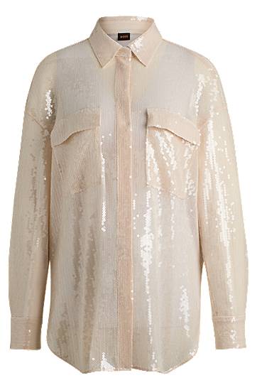 Srajce BOSS Relaxed-Fit Sequin Blouse with Point Collar Bež | 50524263