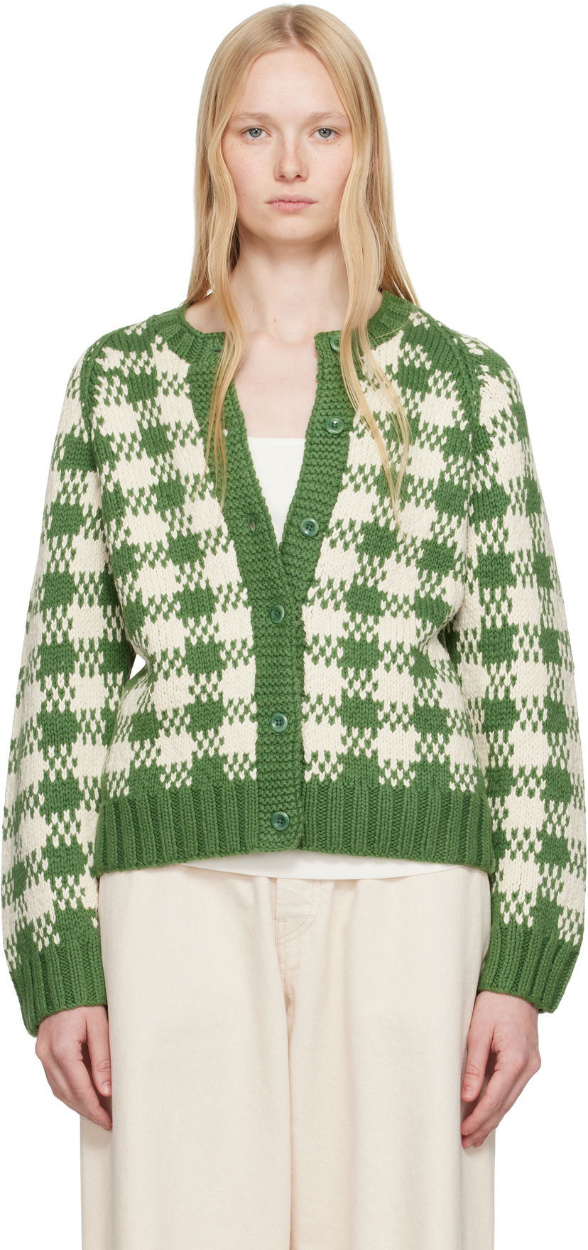 Pleteni pulover YMC YMC Atomic Check Cardigan Zelena | Q8YAC
