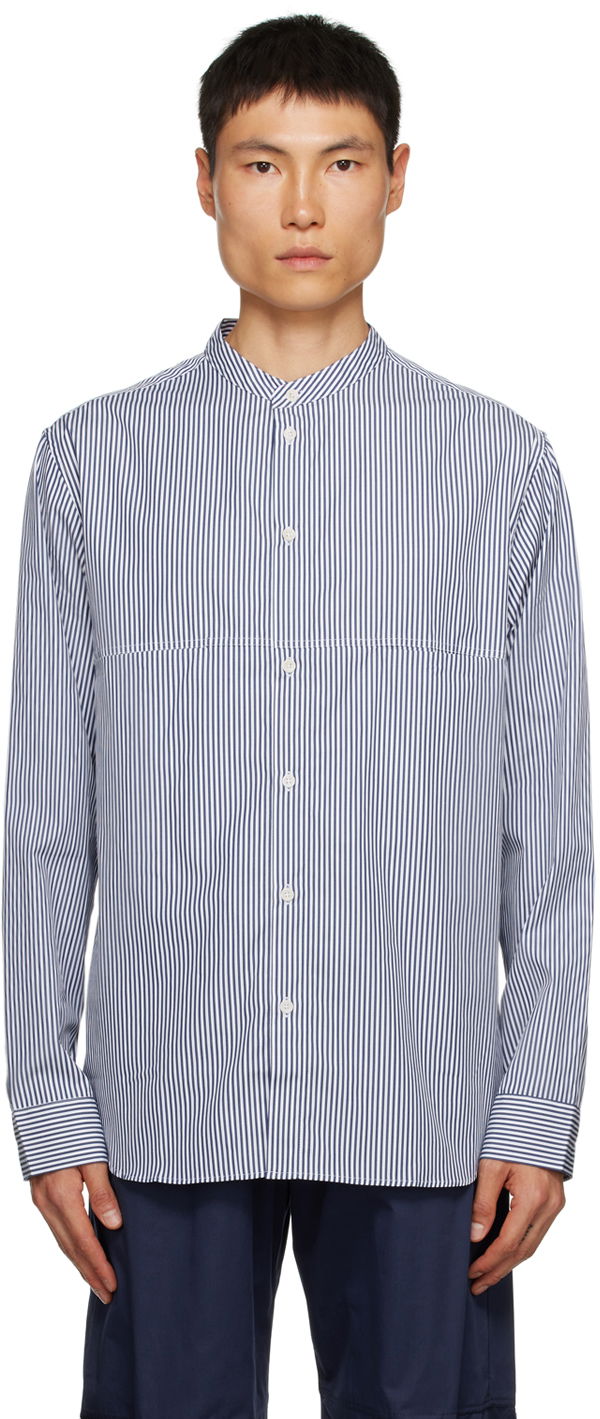 Srajce sage NATION SAGE NATION Liam Striped Band Collar Shirt Modra | S047 LIAM SHIRT