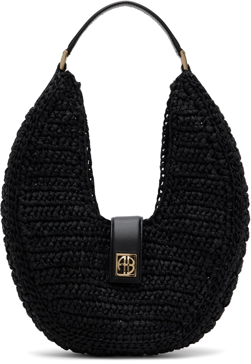Torbica Anine Bing ANINE BING Lou Monogram Raffia Hobo Bag Črna | A-13-11208-BLK1