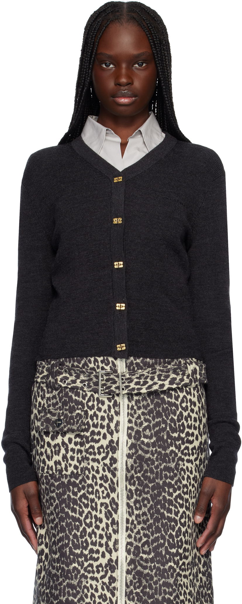 Pleteni pulover GANNI Ganni Mini Ribbed Merino Cardigan Siva | K2474