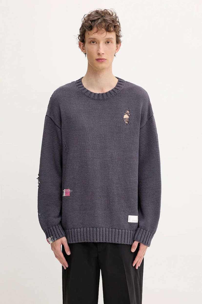 Pleteni pulover Neighborhood NEIGHBORHOOD Savage Crewneck Distressed Sweater Siva | 251FUNH.KNM03
