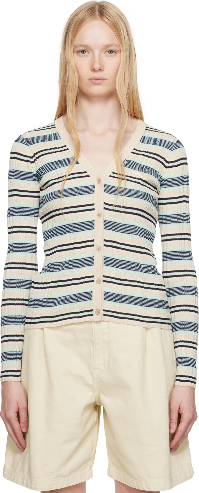 Pleteni pulover MAISON KITSUNÉ Maison Kitsuné Fine Rib Striped Cardigan Večbarvna | OW00505KT1122