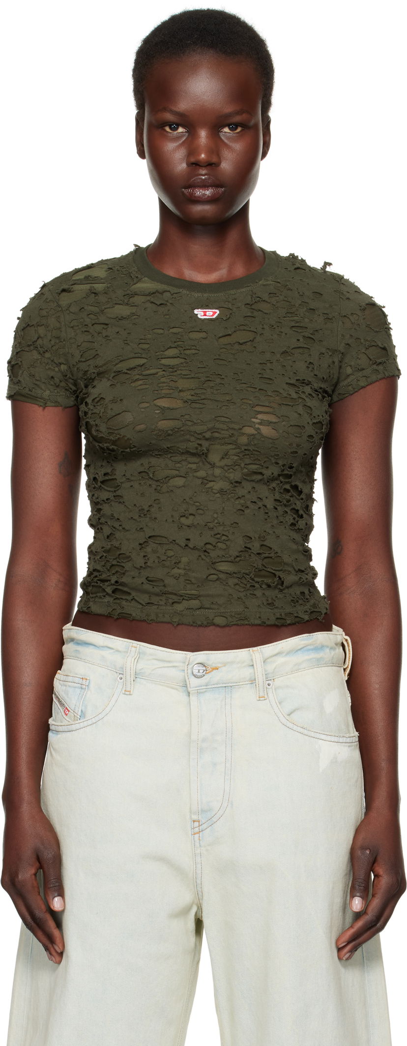 Krop-top Diesel Distressed Crop T-Shirt Zelena | A14871 0JHAN