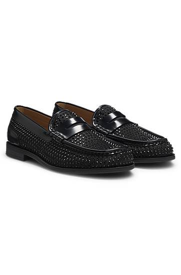 Superge in čevlji BOSS Leather Loafers with Rhinestones and Satin Črna | 50552792