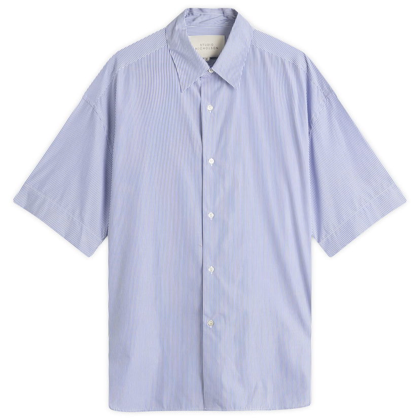 Srajce Studio Nicholson Studio Nicholson Short Sleeve Shirt, Striped Modra | SORONOSNM-883-BLW