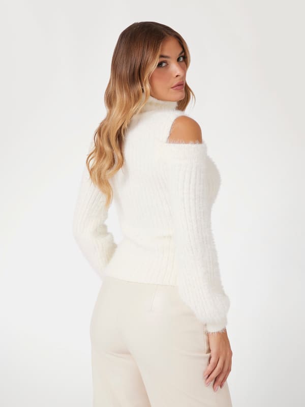 Pleteni pulover GUESS Fuzzy Cold Shoulder Turtleneck Sweater Bela | W5RR94Z3BH0