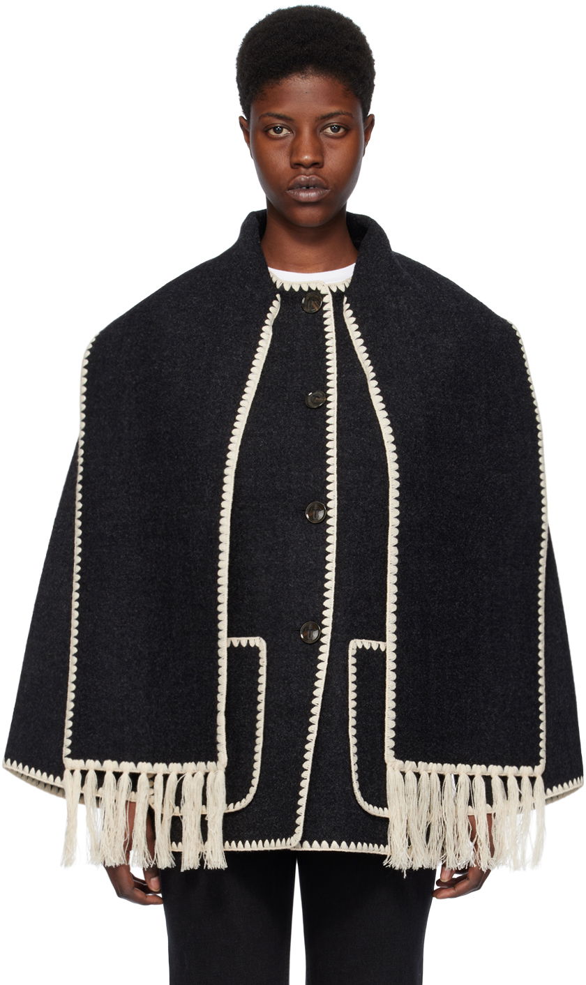 Šala TOTEME Embroidered Wool-Blend Cape Črna | 221-117-709, 0