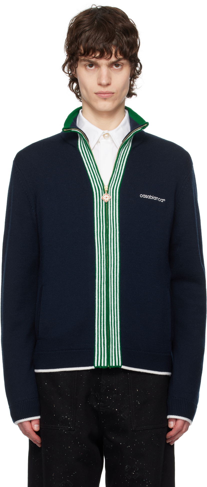 Pleteni pulover Casablanca Casablanca Knit Tennis Track Sweater Mornarica | MPS25-KW-845-01