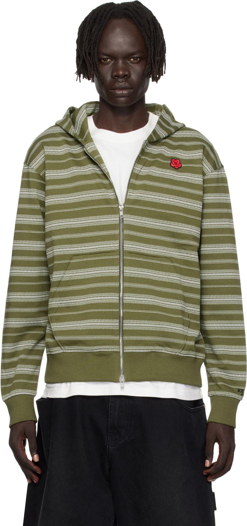 Pulover KENZO Kenzo Paris 'Boke Flower' Striped Embroidered Zip-Up Hoodie Zelena | FF65HO2524MS