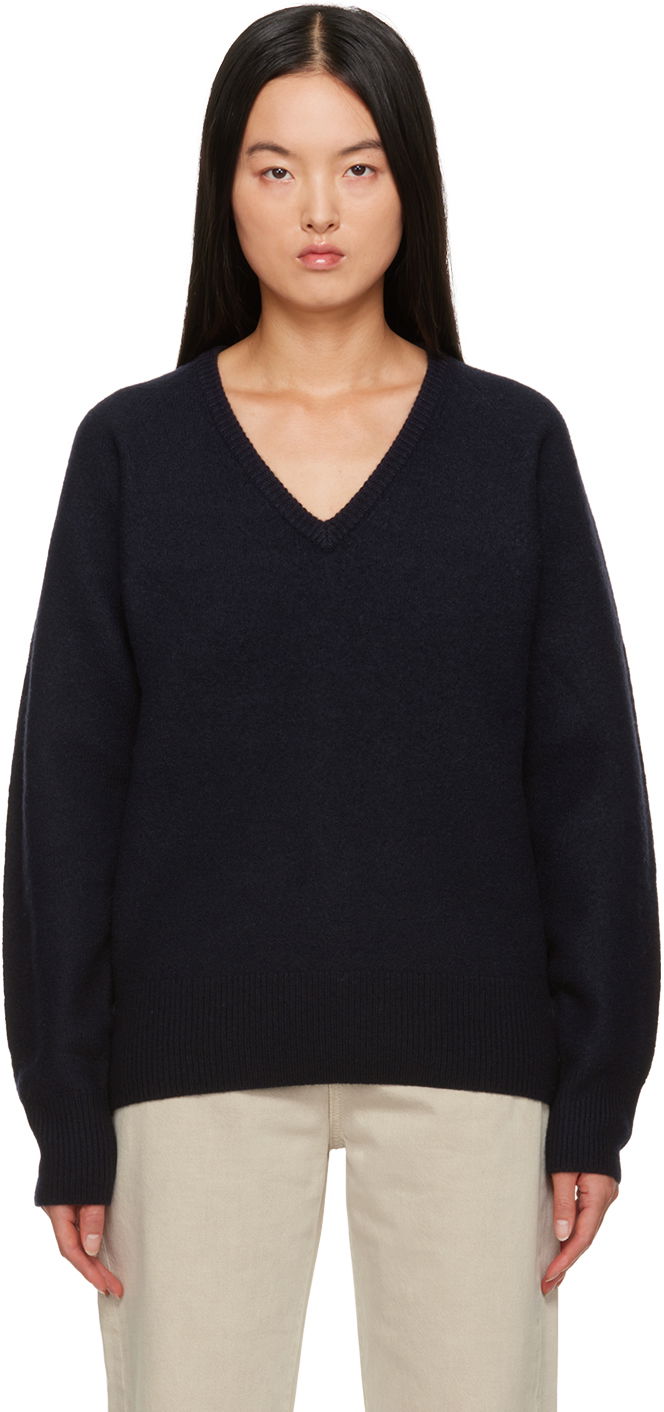 Pleteni pulover TOTEME TOTEME Rib V-Neck Sweater Mornarica | 234-WRTWTP158-YA0011